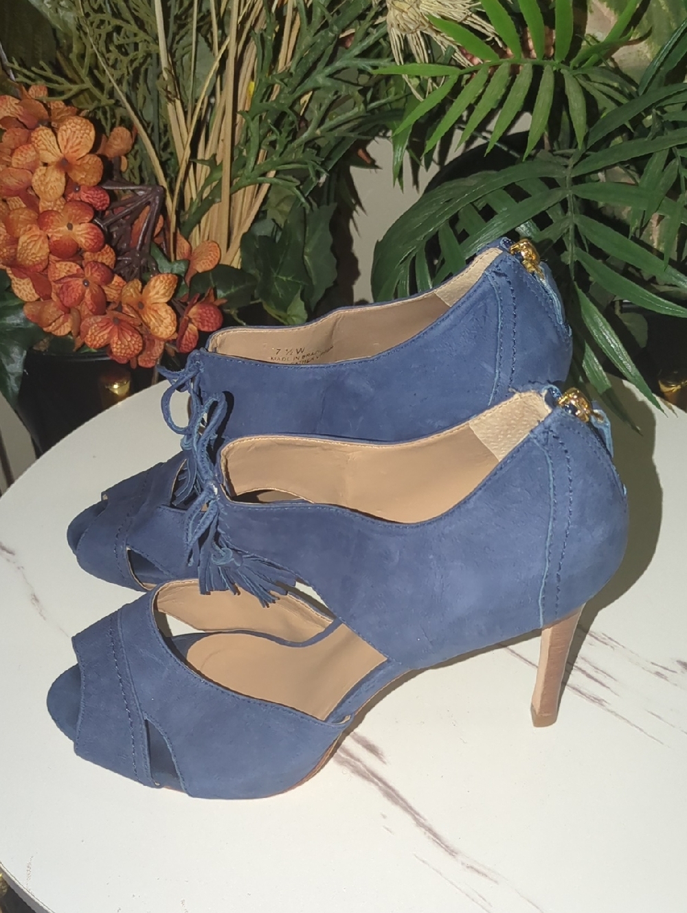 💙SALE💙Talbots Navy Suede Peep-Toe Tassel Heels - Picture 4 of 6